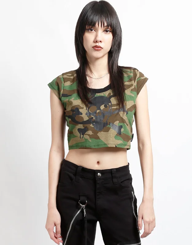 SUPER SKULL TEE CAMO Notch Collar Peter Pan Collar Cowl Neck