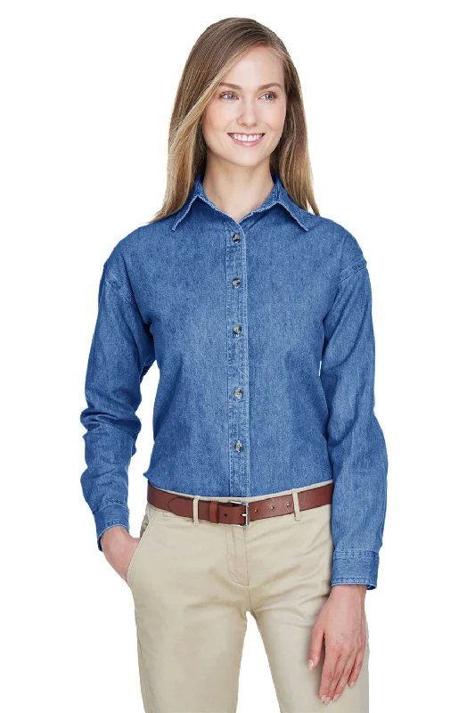 UltraClub Womens Cypress Denim Long Sleeve Button Down Shirt - Indigo Blue Classic V-Neck Short Shirt UltraClub Womens Cypress Denim Long Sleeve Button Down Shirt - Indigo Blue Classic V-Neck Short Shirt