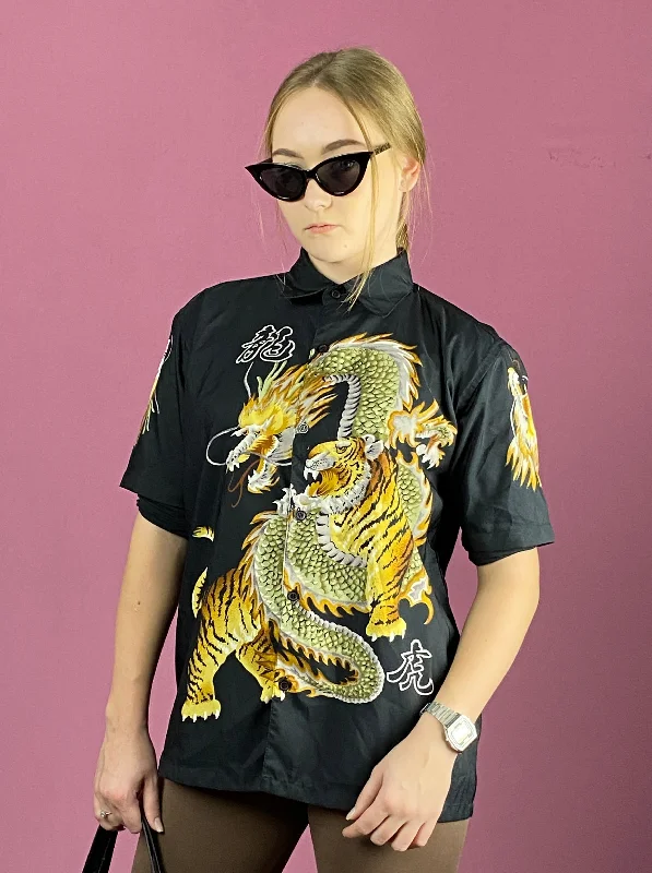 Vintage Kids Short Sleeve Dragon Print Shirt - 13-14Y Black Polyester Cozy Plain Short Sleeve Vintage Kids Short Sleeve Dragon Print Shirt - 13-14Y Black Polyester Cozy Plain Short Sleeve