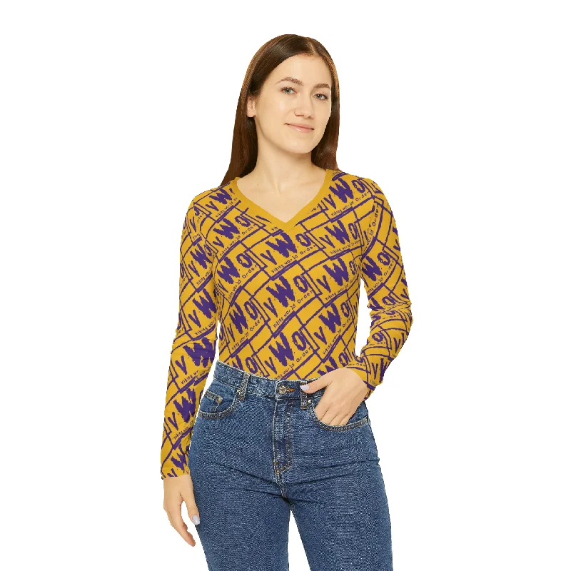 Women's Long Sleeve V-neck Shirt - Gold/Purple - VWO (Framed) Cozy Striped Short Sleeve Women's Long Sleeve V-neck Shirt - Gold/Purple - VWO (Framed) Cozy Striped Short Sleeve