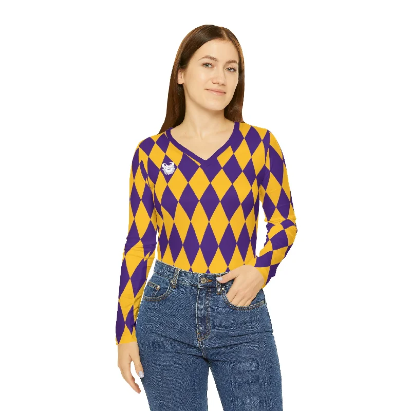 Women's Long Sleeve V-neck Shirt - Purple/Gold Diamonds - The Original Fashionable Short Sleeve Vest Women's Long Sleeve V-neck Shirt - Purple/Gold Diamonds - The Original Fashionable Short Sleeve Vest