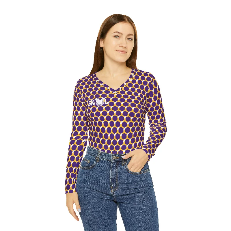 Women's Long Sleeve V-neck Shirt - Purple/Gold Hex Relaxed Cotton Short Shirt