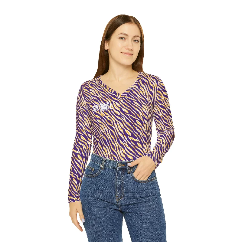Women's Long Sleeve V-neck Shirt - Purple/Gold Zebra Print Cozy Plain Short Sleeve