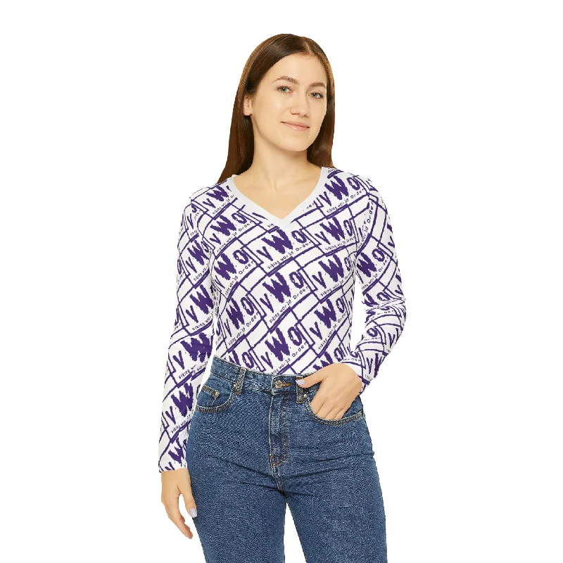 Women's Long Sleeve V-neck Shirt - White/Purple - VWO (Framed) Comfortable Fit Short Shirt Women's Long Sleeve V-neck Shirt - White/Purple - VWO (Framed) Comfortable Fit Short Shirt