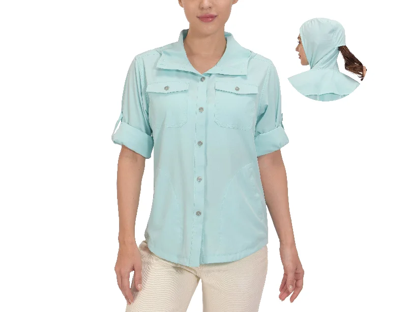 Women's UPF 50+ Stretch Quick Dry Fishing Hiking Hoodie Shirts Classic Denim Short Sleeve