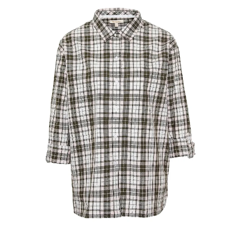 Barbour Womens Angelonia Oversized Shirt Olive Check Classic Cropped Short Sleeve