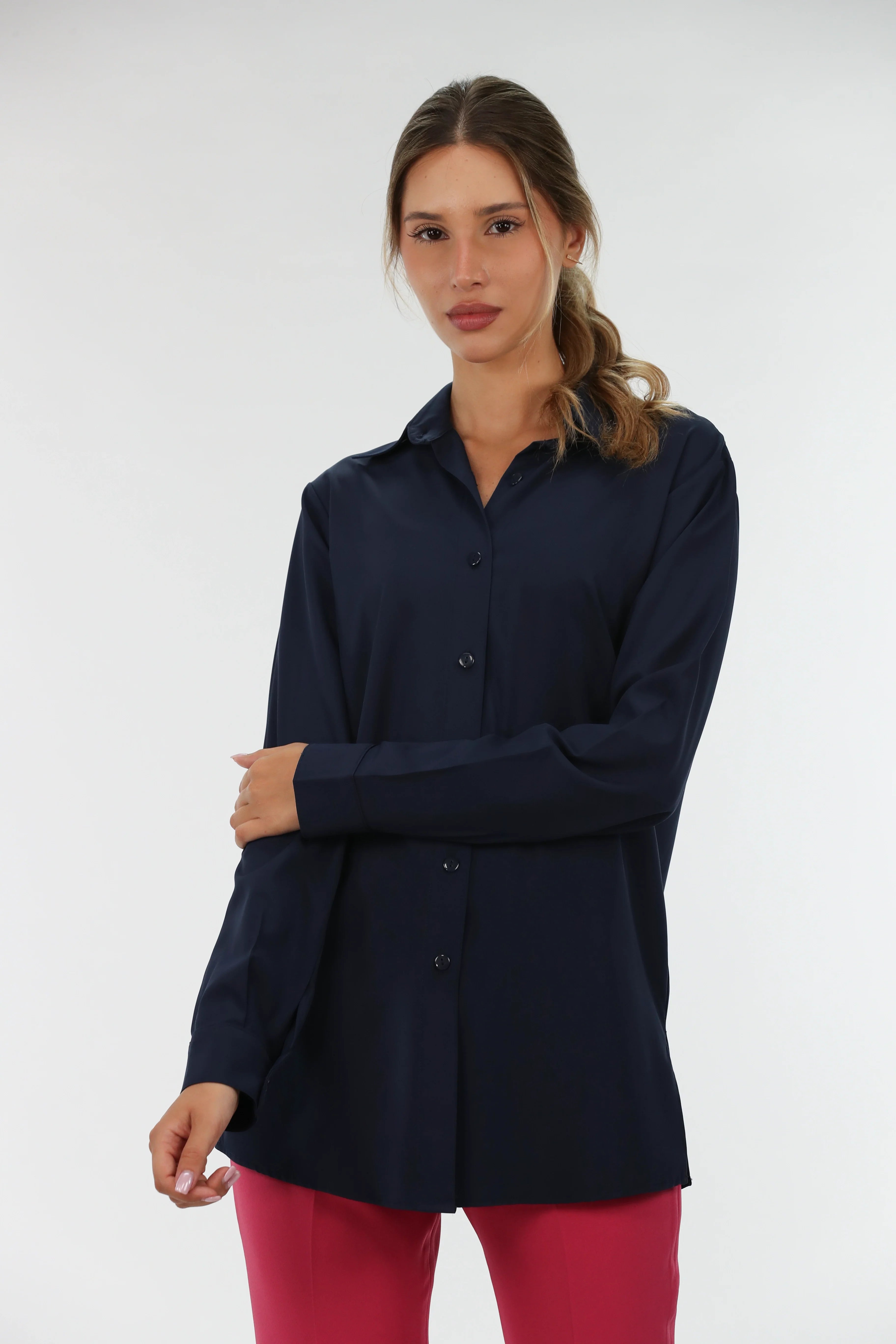 Basic Long Sleeves Navy Shirt Soft Flowing Short Shirt