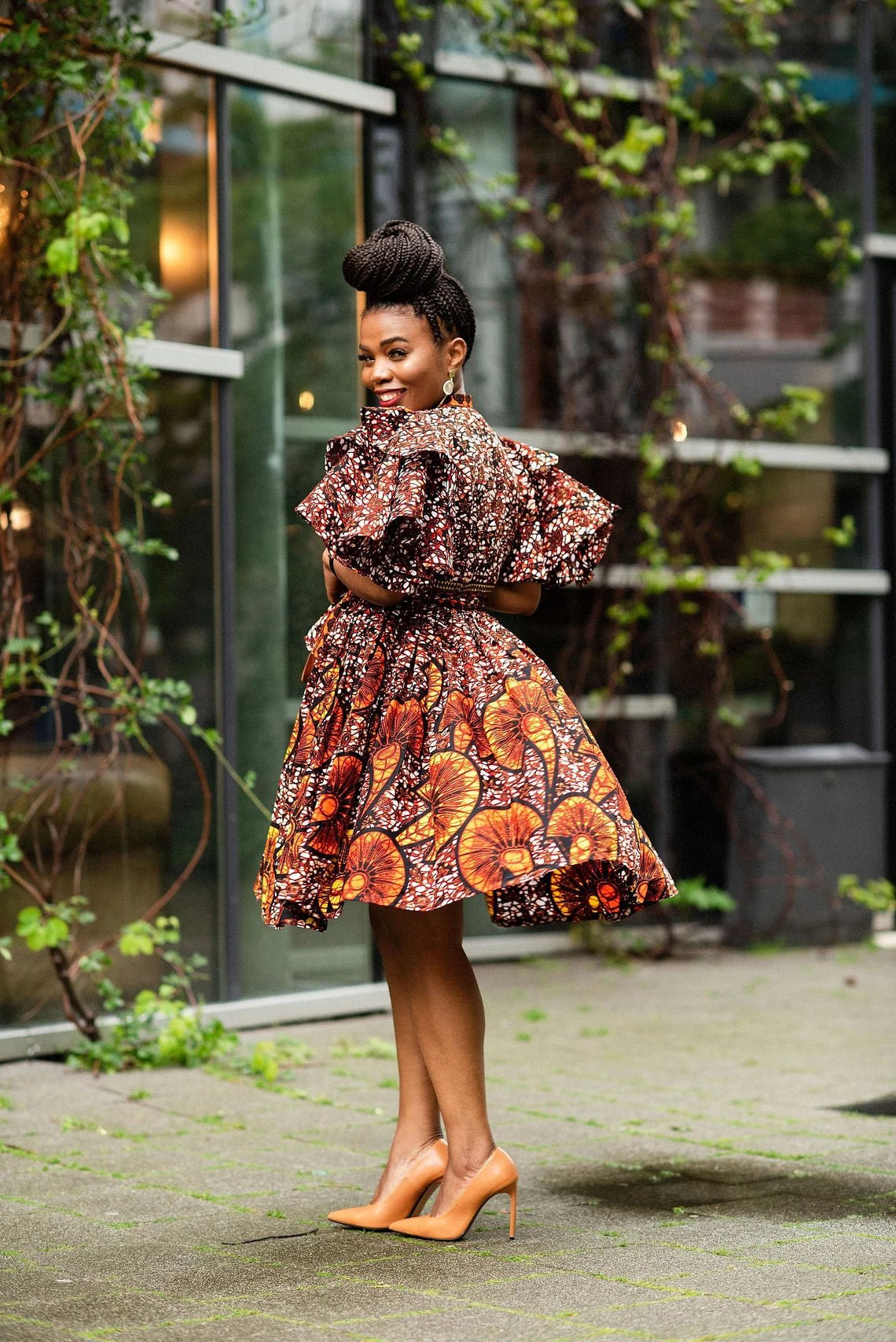 Lanre Brown Ankara High Neck Dress: Elegant African-Inspired Attire (Hand Made in Nigeria)