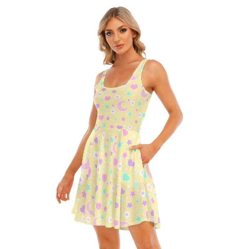 Magical Spring Yellow Women's Skater Dress With Pockets