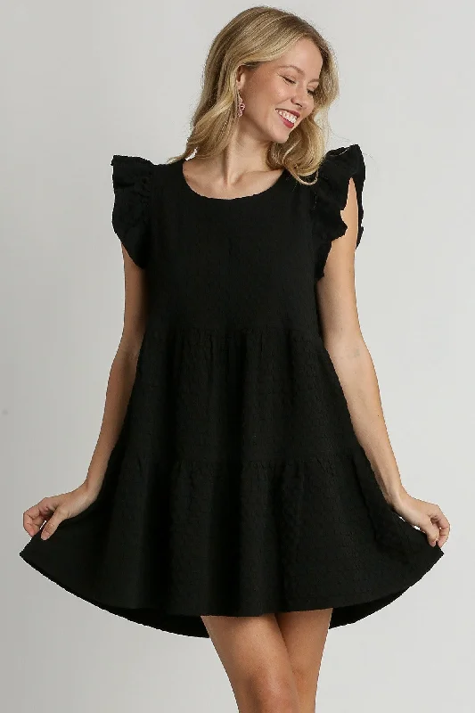 Umgee Tiered A- Line Textured Jacquard Print Dress in Black