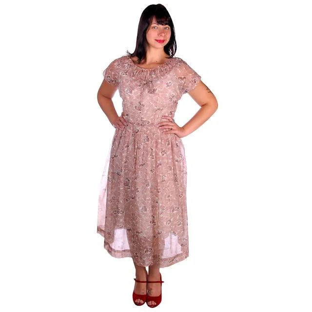 Vintage House Dress Sheer Nylon Plisse Print Brown & White Toni Todd 1950s 38-30-Free