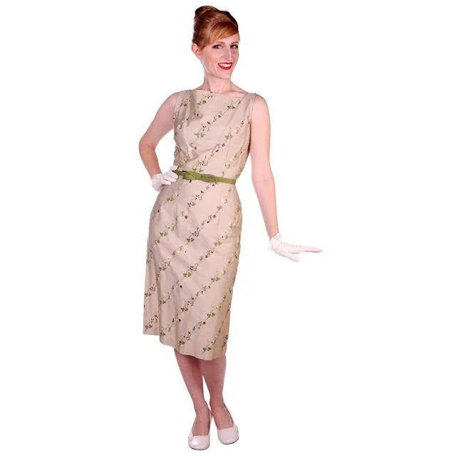 Vintage Sheath Dress Embroidered Cotton 1960s Tan 35-25-36