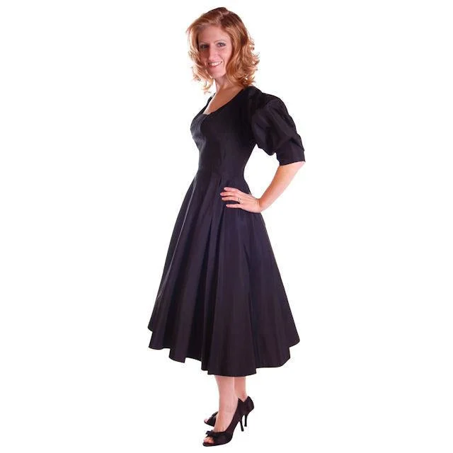 Vintage Black Silk Cocktail Dress Blums-Vogue 1950S MCM  Small Fab Sleeves 36-26-Free