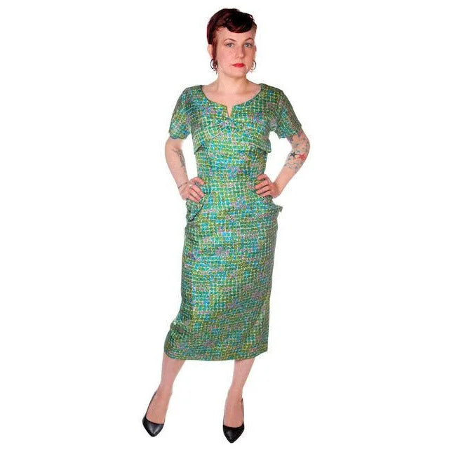 Vintage Silk Sheath Dress 1950s Turquoise Pastels Emile 34-25-37