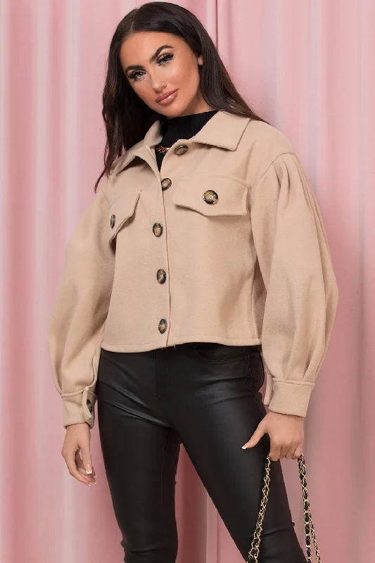 Beige Cropped Shacket Jacket With Puff Sleeves Embroidered Jacket Appliqued Jacket Beaded Jacket Beige Cropped Shacket Jacket With Puff Sleeves Embroidered Jacket Appliqued Jacket Beaded Jacket