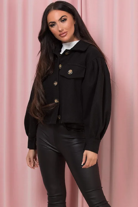Black Cropped Shacket Jacket With Puff Sleeves Hoodie Zip-Up Jacket Button-Up Jacket Black Cropped Shacket Jacket With Puff Sleeves Hoodie Zip-Up Jacket Button-Up Jacket