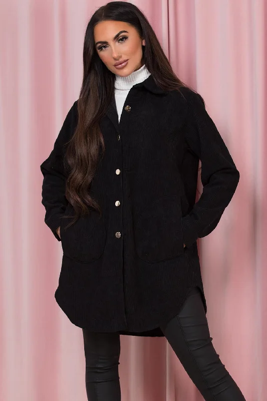 Black Oversized Cord Shacket Jacket Zip Front Button Front Snap Front