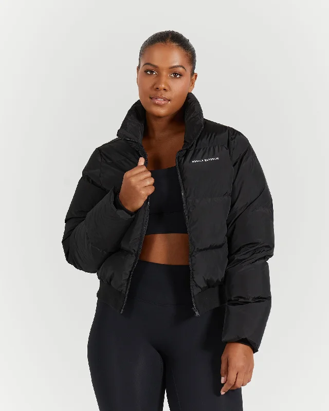 BOMBER PUFFER JACKET - BLACK Denim Fabric Leather Fabric Suede Fabric