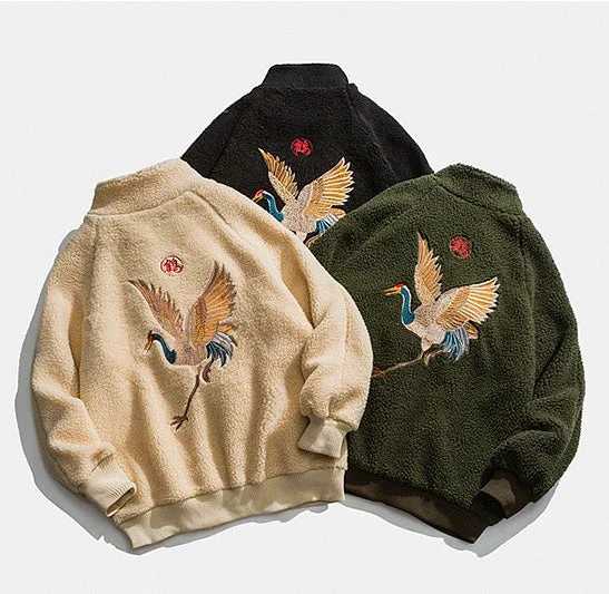 Crane Embroidery Stand Collar Camo Fleece Unisex Chinese Style Jacket Belted Jacket Elasticated Jacket Padded Jacket Crane Embroidery Stand Collar Camo Fleece Unisex Chinese Style Jacket Belted Jacket Elasticated Jacket Padded Jacket