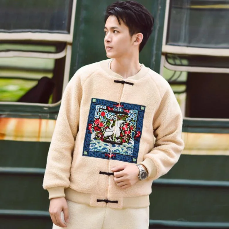 Crane Embroidery Thick Camo Fleece Unisex Chinese Style Jacket Jersey Jacket Tulle Jacket Batik Jacket