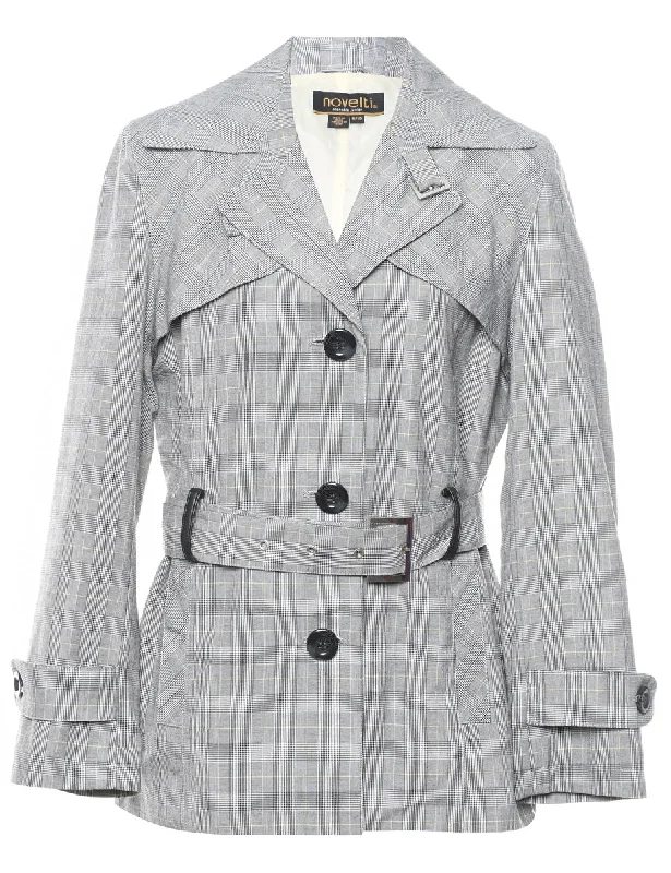 Dogtooth Check Grey Jacket - M A-Line Jacket Boat Neck Shawl Collar
