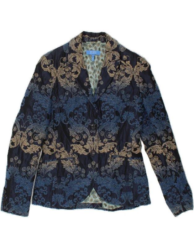 ESCADA Womens 2 Button Blazer Jacket EU 36 Small Navy Blue Floral Acrylic Notch Collar Peter Pan Collar Cowl Neck ESCADA Womens 2 Button Blazer Jacket EU 36 Small Navy Blue Floral Acrylic Notch Collar Peter Pan Collar Cowl Neck