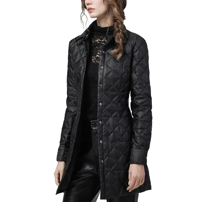 FZ Women's Long Lightly Warm Elegant Slim Puffer Jacket Notch Collar Jacket Peter Pan Collar Jacket Cowl Neck Jacket