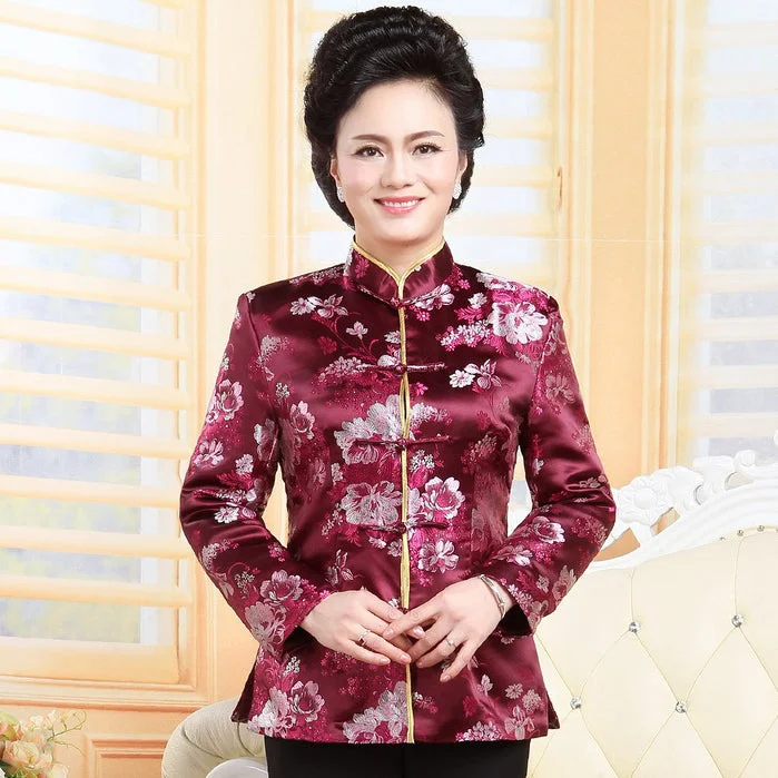 Floral Brocade Chinese Jacket Mother's Birthday Coat Front Pockets Side Pockets Patch Pockets Floral Brocade Chinese Jacket Mother's Birthday Coat Front Pockets Side Pockets Patch Pockets