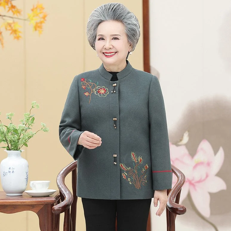 Floral Embroidery Woolen Tang Suit Traditional Chinese Jacket Mother's Coat Welt Pockets Slit Pockets Flap Pockets Floral Embroidery Woolen Tang Suit Traditional Chinese Jacket Mother's Coat Welt Pockets Slit Pockets Flap Pockets