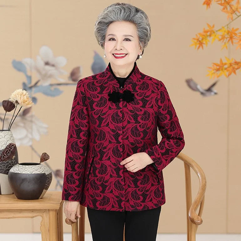 Floral Lace Tang Suit Traditional Chinese Jacket Mother's Coat Fleece Fabric Down Fabric Feather Fabric Floral Lace Tang Suit Traditional Chinese Jacket Mother's Coat Fleece Fabric Down Fabric Feather Fabric
