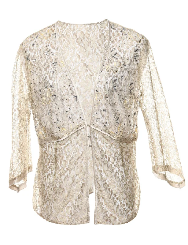 Floral Pattern Lace Sequined Jacket - L Zippered Jacket Buttoned Jacket Snapped Jacket Floral Pattern Lace Sequined Jacket - L Zippered Jacket Buttoned Jacket Snapped Jacket