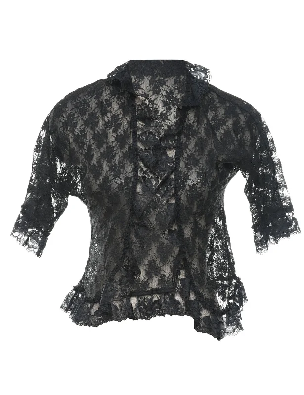 Frilled Lace Black Evening Jacket - S Wool Jacket Cashmere Jacket Tweed Jacket