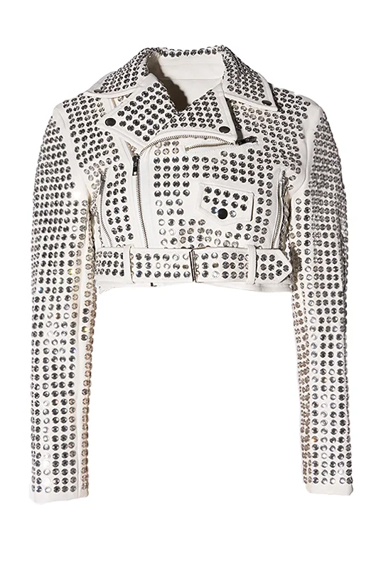 GAZETTE WHITE CRYSTAL MOTO JACKET Lace Jacket Ribbed Jacket Sequined Jacket
