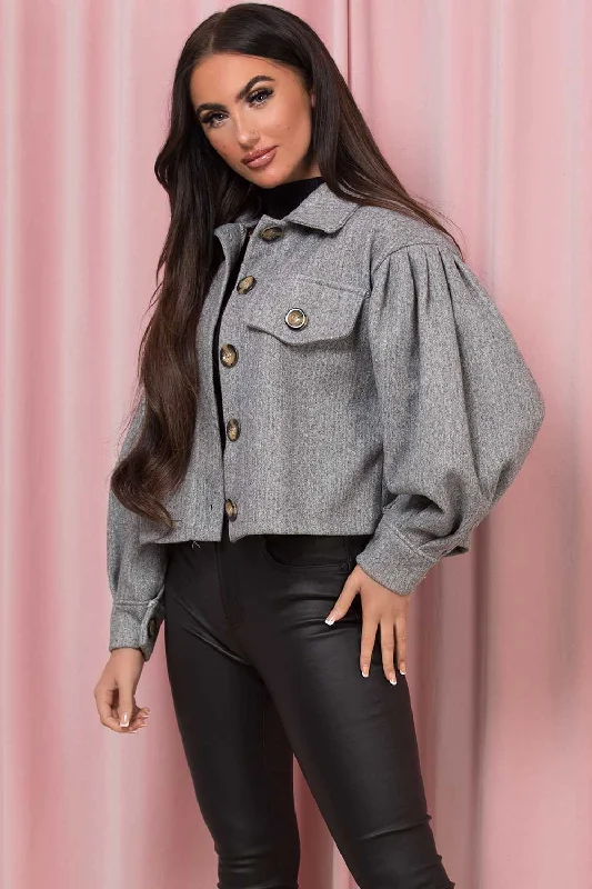 Grey Cropped Shacket Jacket With Puff Sleeves Corduroy Jacket Velvet Jacket Brocade Jacket Grey Cropped Shacket Jacket With Puff Sleeves Corduroy Jacket Velvet Jacket Brocade Jacket