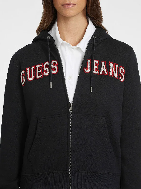 Guess Jeans Black Zip Hoodie Jacket One-Shoulder Jacket Off-the-Shoulder Jacket Asymmetrical Jacket