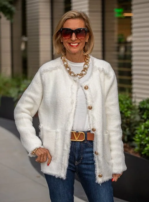 Winter White Fuzzy Knit Cardigan Jacket Tailored Jacket Straight Jacket A-Line Jacket Winter White Fuzzy Knit Cardigan Jacket Tailored Jacket Straight Jacket A-Line Jacket