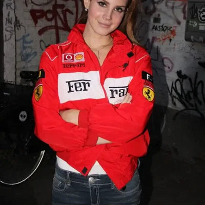 Lana Del Rey Red and White Ferrari Jacket Hooded Jacket Caped Jacket Shawl Collar Jacket Lana Del Rey Red and White Ferrari Jacket Hooded Jacket Caped Jacket Shawl Collar Jacket
