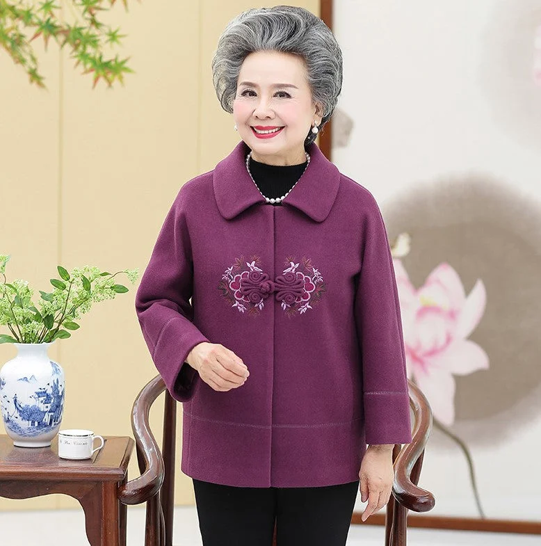 Lapel Collar Floral Embroidery Woolen Tang Suit Traditional Chinese Jacket Mother's Coat Zippered Front Buttoned Front Snap Front Lapel Collar Floral Embroidery Woolen Tang Suit Traditional Chinese Jacket Mother's Coat Zippered Front Buttoned Front Snap Front