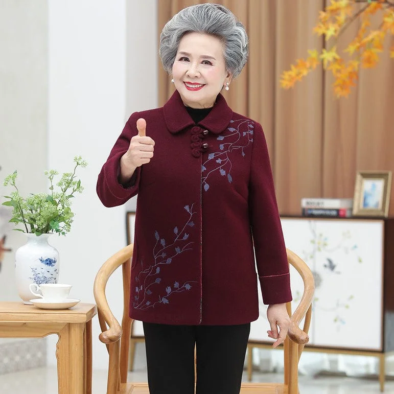 Lapel Collar Floral Embroidery Woolen Tang Suit Traditional Chinese Jacket Mother's Coat Front Pockets Side Pockets Patch Pockets Lapel Collar Floral Embroidery Woolen Tang Suit Traditional Chinese Jacket Mother's Coat Front Pockets Side Pockets Patch Pockets