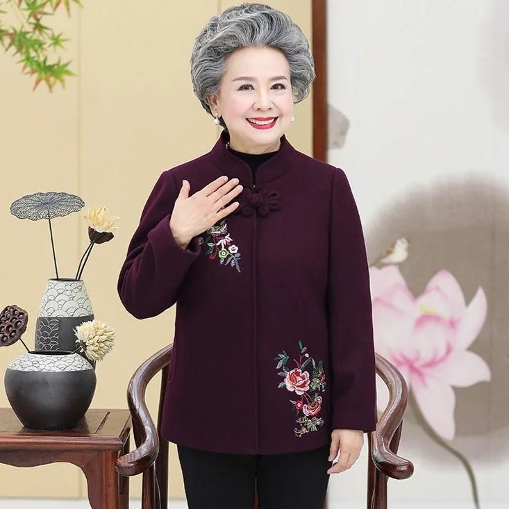 Mandarin Collar Floral Embroidery Woolen Tang Suit Traditional Chinese Jacket Mother's Coat Zippered Jacket Buttoned Jacket Snapped Jacket Mandarin Collar Floral Embroidery Woolen Tang Suit Traditional Chinese Jacket Mother's Coat Zippered Jacket Buttoned Jacket Snapped Jacket