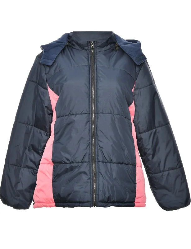 Navy & Pink Zip-Front Two-Tone Puffer Jacket - L Zip Front Button Front Snap Front