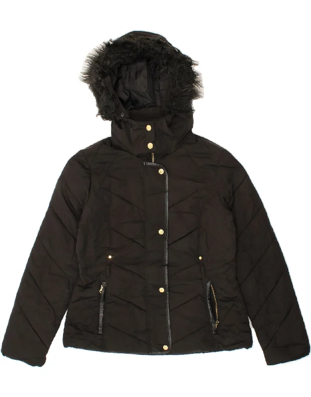 OASIS Womens Hooded Padded Jacket UK 14 Medium Black Polyester Faux Fur Fabric Real Fur Fabric Shearling Fabric OASIS Womens Hooded Padded Jacket UK 14 Medium Black Polyester Faux Fur Fabric Real Fur Fabric Shearling Fabric