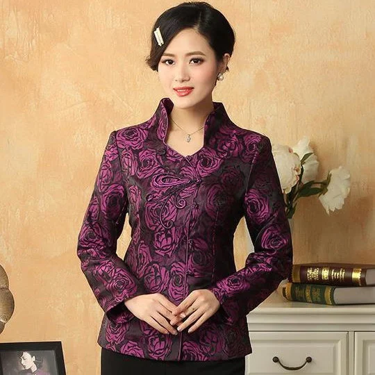 Rose Pattern V Neck Chinese Style Jacket with Butterfly Button Faux Fur Fabric Real Fur Fabric Shearling Fabric Rose Pattern V Neck Chinese Style Jacket with Butterfly Button Faux Fur Fabric Real Fur Fabric Shearling Fabric