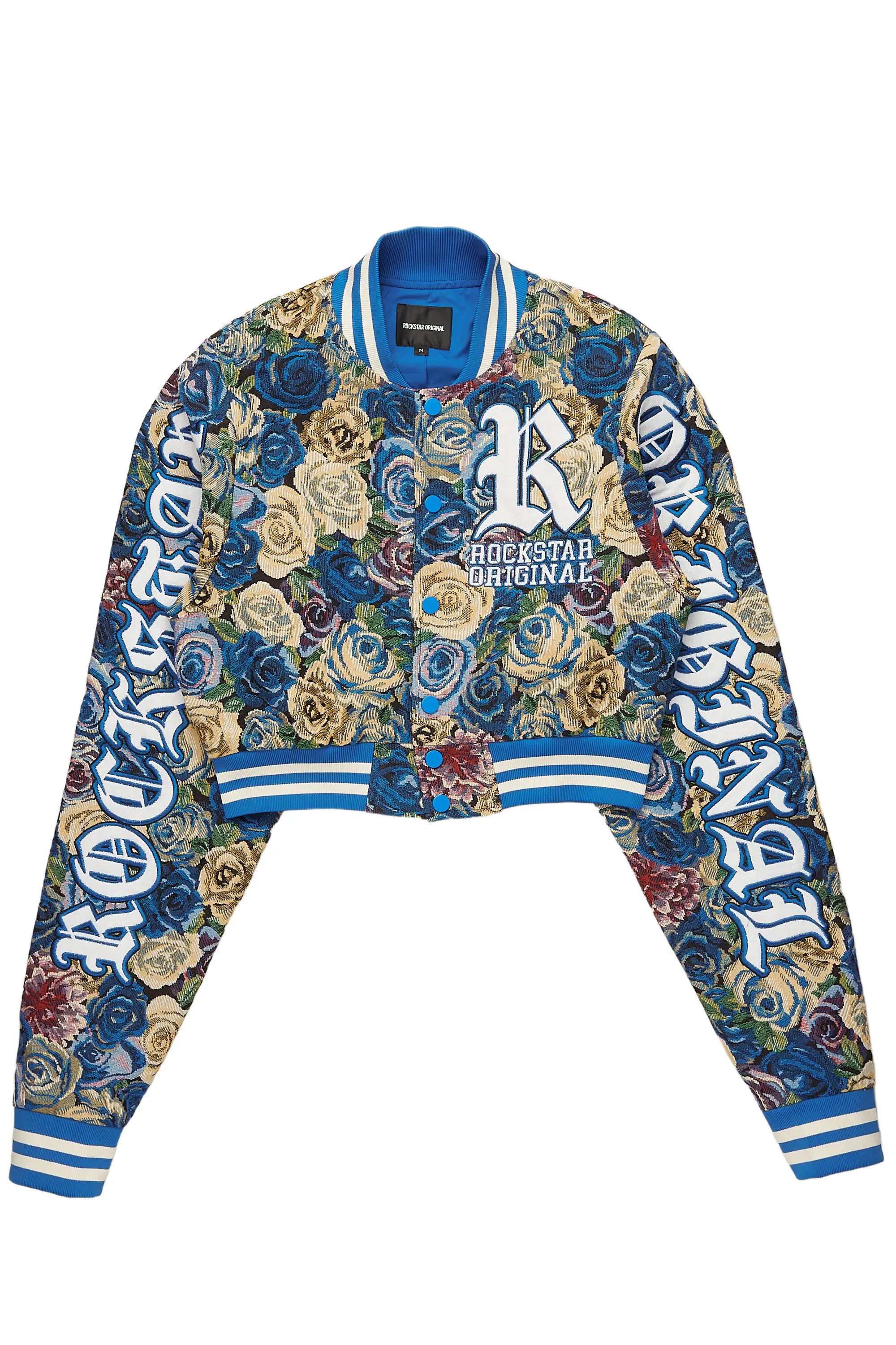Darresha Blue Crop Tapestry Varsity Jacket Rayon Fabric Velvet Fabric Corduroy Fabric