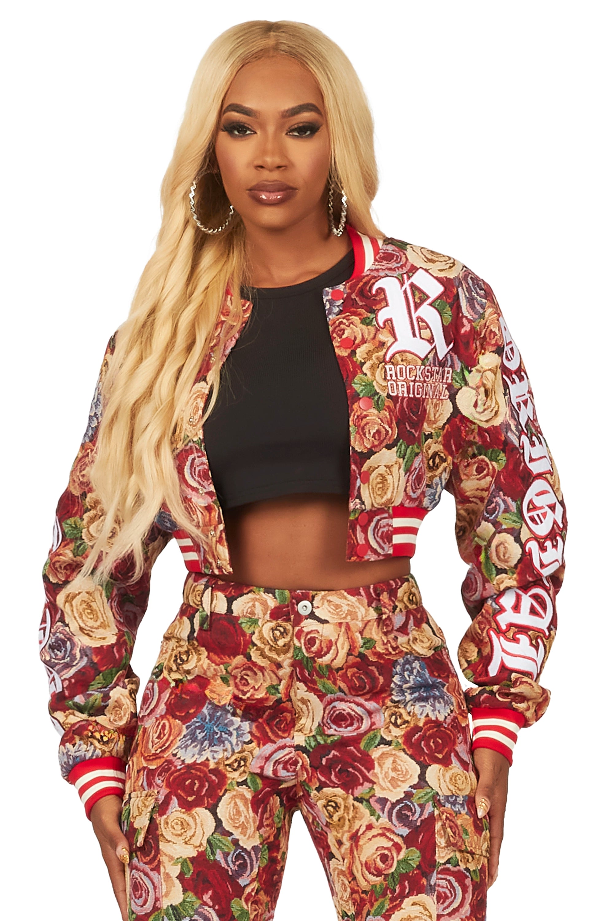 Darresha Red Crop Tapestry Varsity Jacket Jacket Blazer Coat