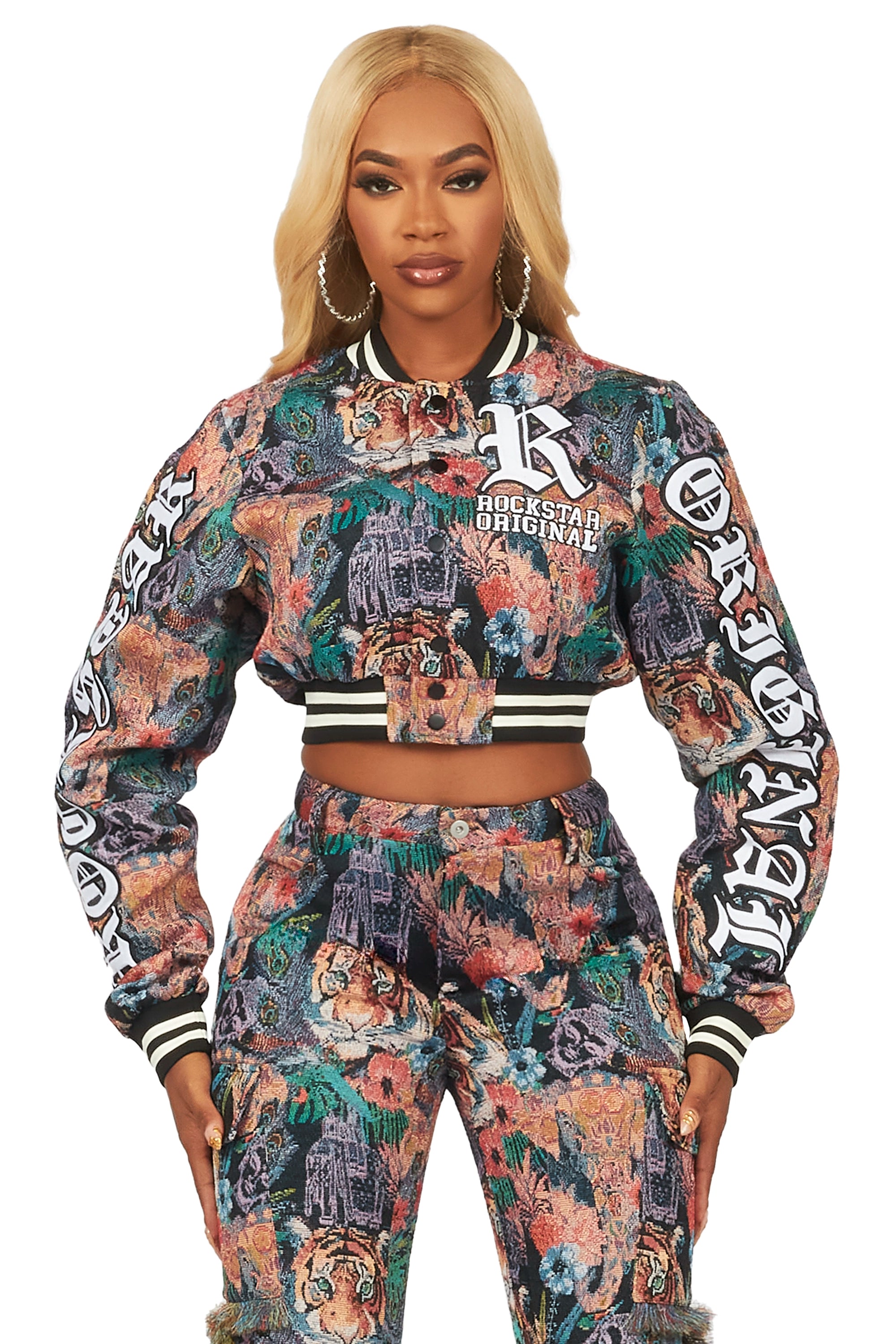 Rena Black Crop Tapestry Varsity Jacket Knit Jacket Woven Jacket Fleece Jacket