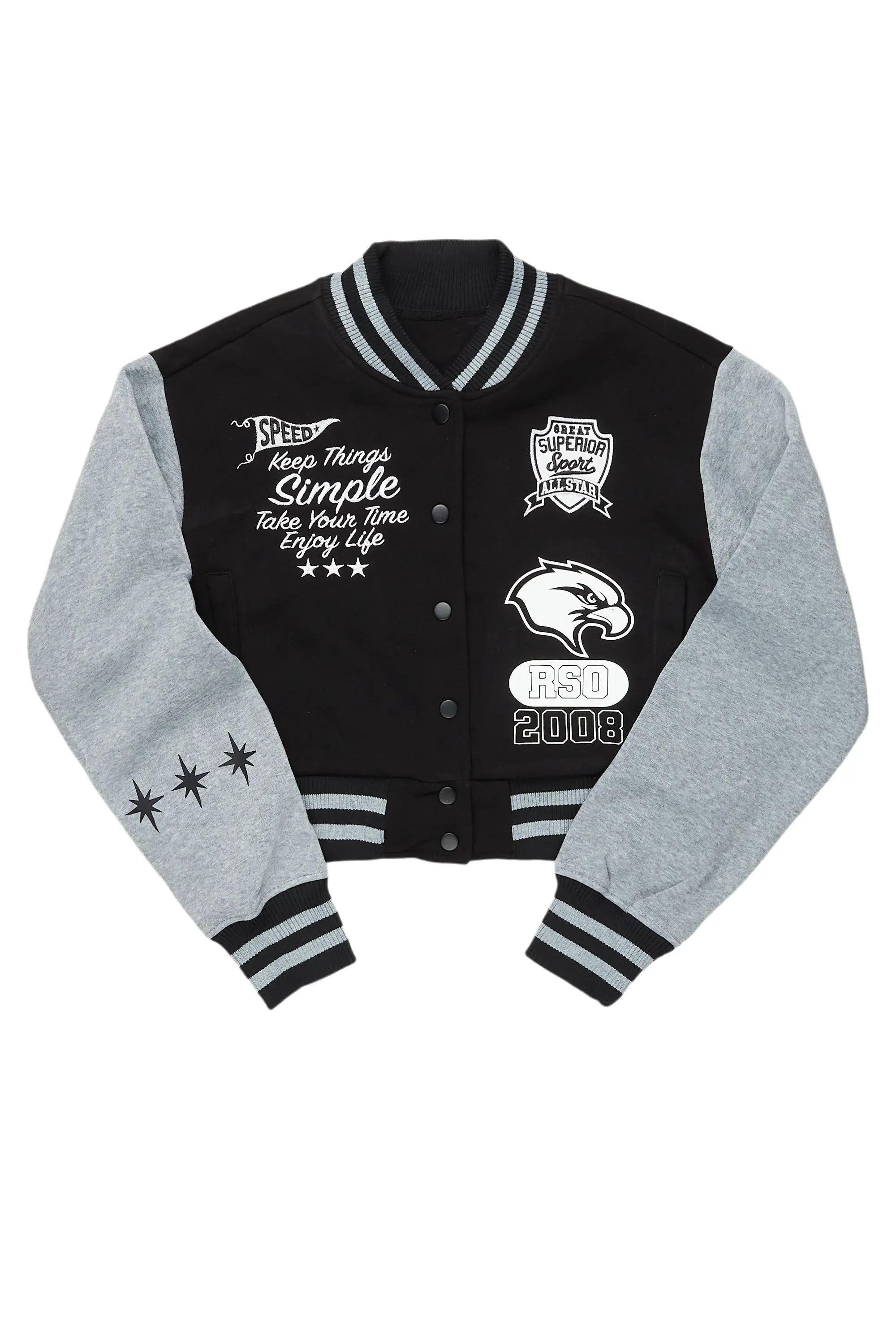 Quadaya Black Varsity Jacket Hoodie Zip-Up Jacket Button-Up Jacket