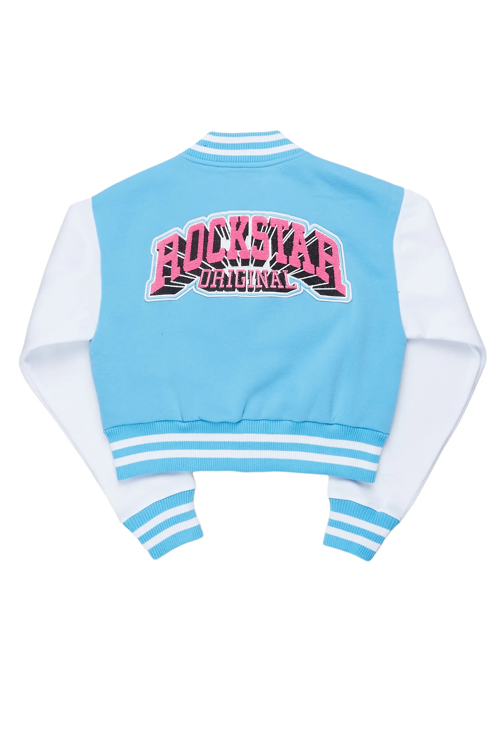 Gloria Blue Varsity Jacket Chenille Fabric Brocade Fabric Lace Fabric