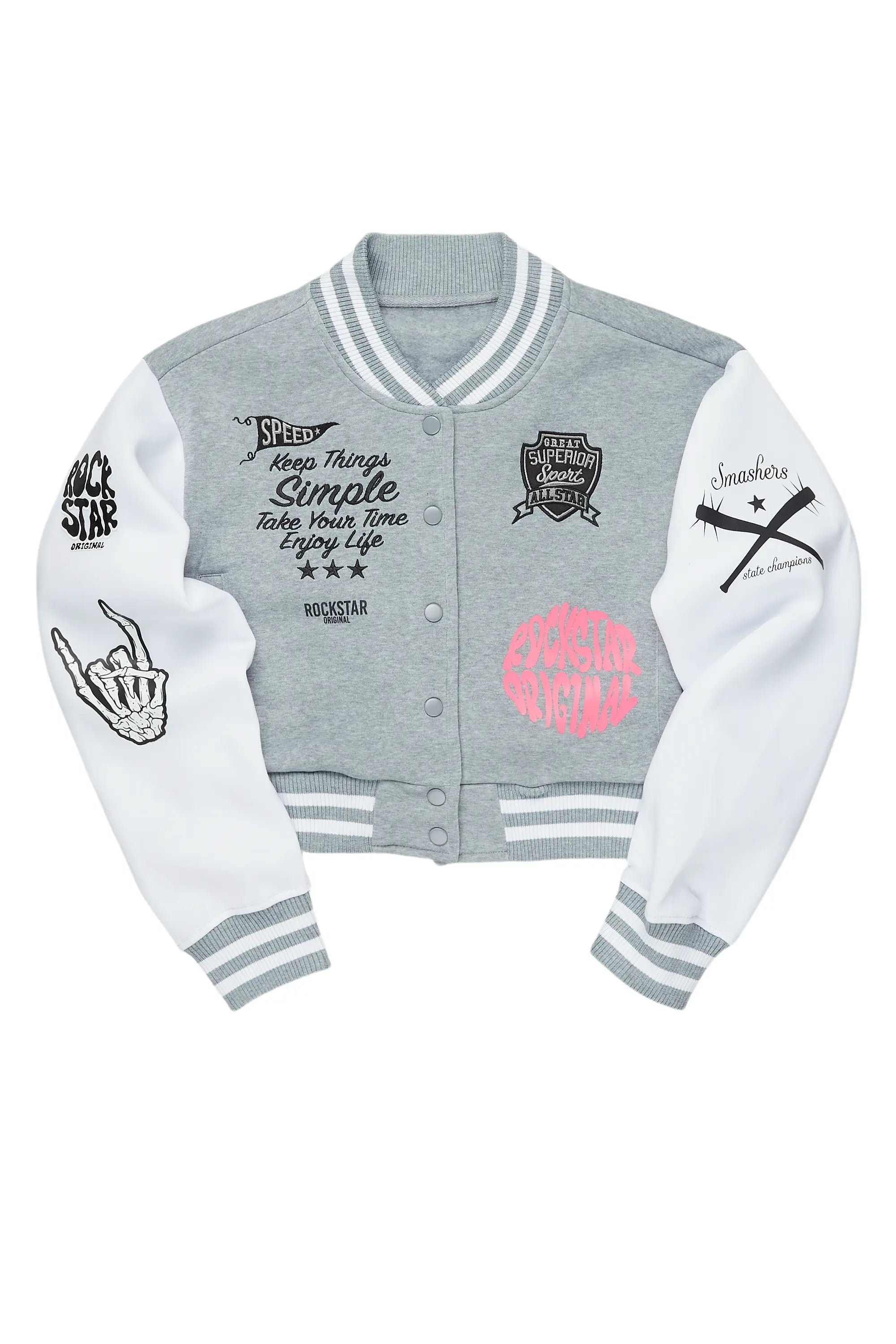 Talyka Heather Grey Varsity Jacket Cotton Fabric Linen Fabric Terry Fabric