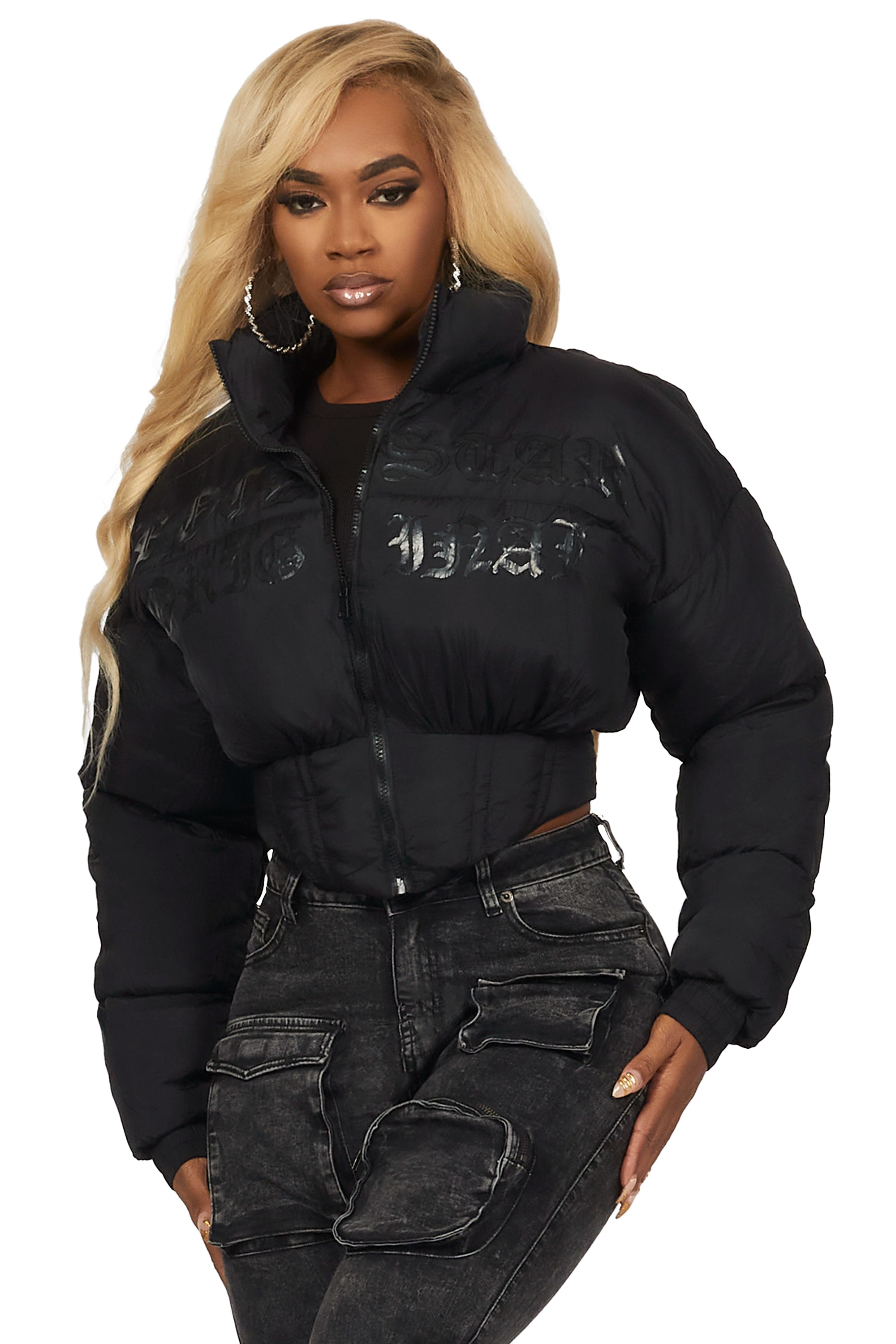 Samaiya Black Corset Puffer Jacket Insulated Jacket Fitted Jacket Loose Jacket